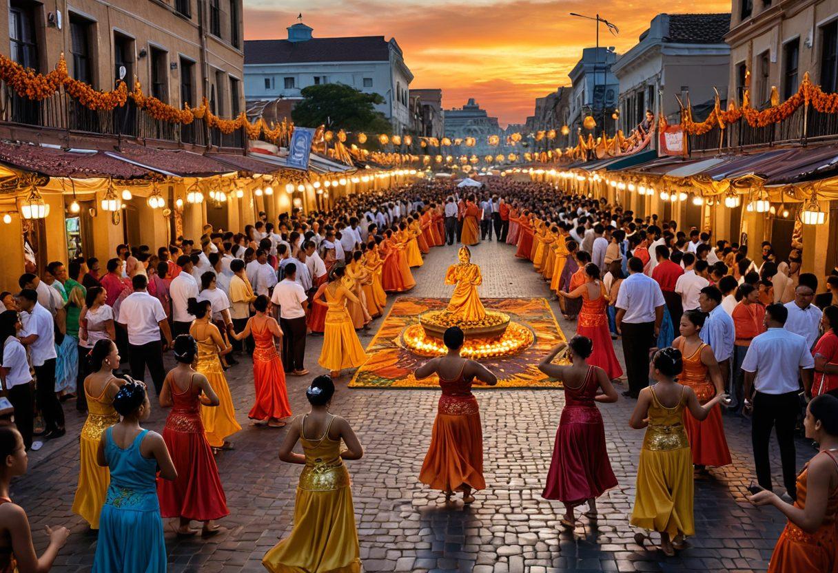 A vibrant mosaic depicting diverse Blatino cultural celebrations, featuring colorful dance performers in traditional attire, a lively street festival scene with music, food stalls and people enjoying together, intricate patterns representing Latino heritage in the background, and a sunset that casts a warm glow over the whole scene. super-realistic. vibrant colors. 3D.