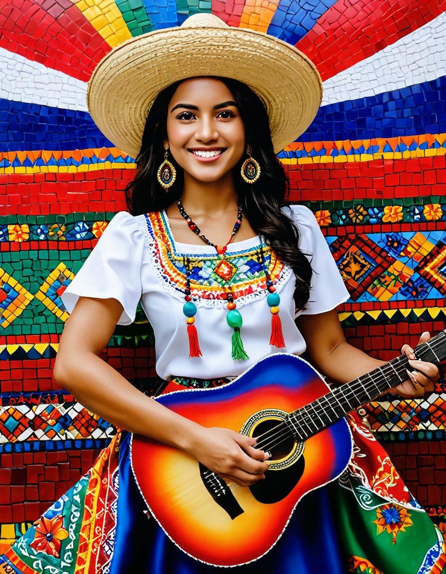 A vibrant mosaic representing Blatino identity, showcasing individuals of diverse Hispanic and Latino backgrounds engaging in cultural activities. Include elements like traditional music instruments, colorful textiles, and fusion cuisine. The backdrop features iconic symbols from both cultures, such as a Mexican sombrero and a Dominican flag. The scene is filled with warmth and connection, celebrating unity in diversity. bright colors, super-realistic, lively atmosphere.
